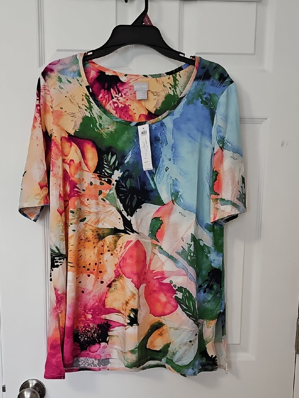 Chico's Multicolor Floral Watercolor Scoop Neck Tee